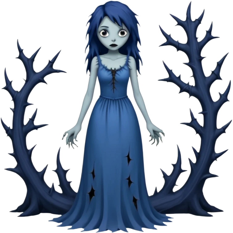 Gloomy ghostly fair lady with long ragged torn tattered dress, thorns across arms and legs, depressed face, ghoul-like gloomy dark greyish dull-colored deep-blue dark-black swampy monsterous lady woman (full body) emoji