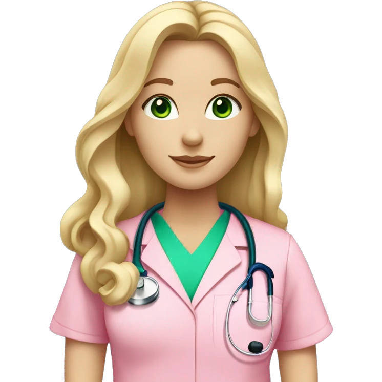 pale blonde girl with long wavy hair and green eyes wearing pink scrubs and stethoscope  emoji