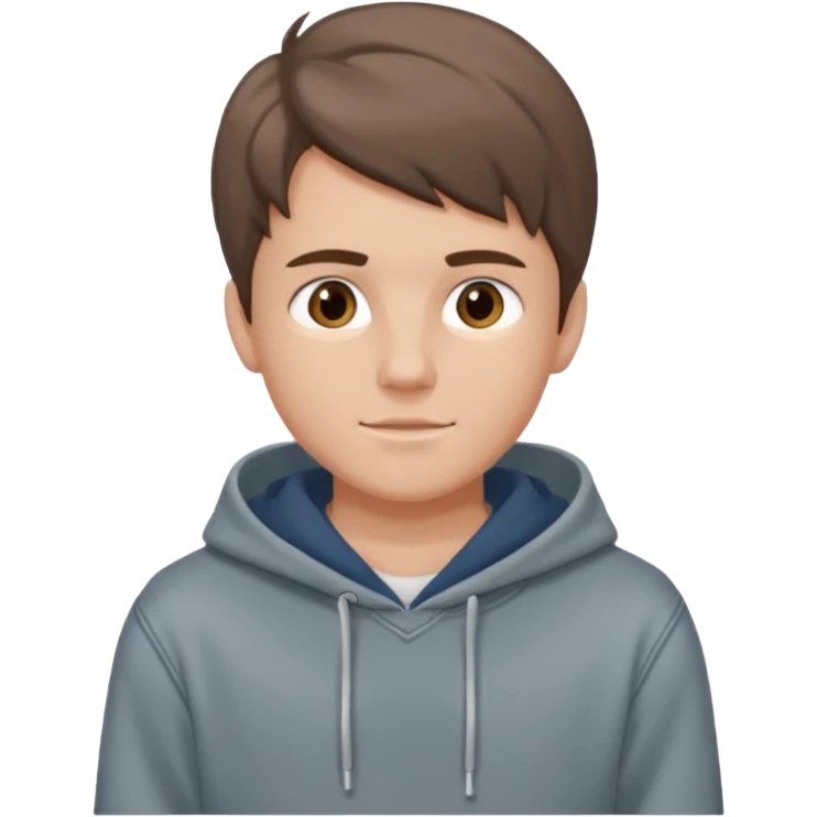 Handsome boy (fair-skinned) who has dressed up. He is wearing jeans and a gray hoodie, with a middle part hairstyle, and his hair color is brown. emoji