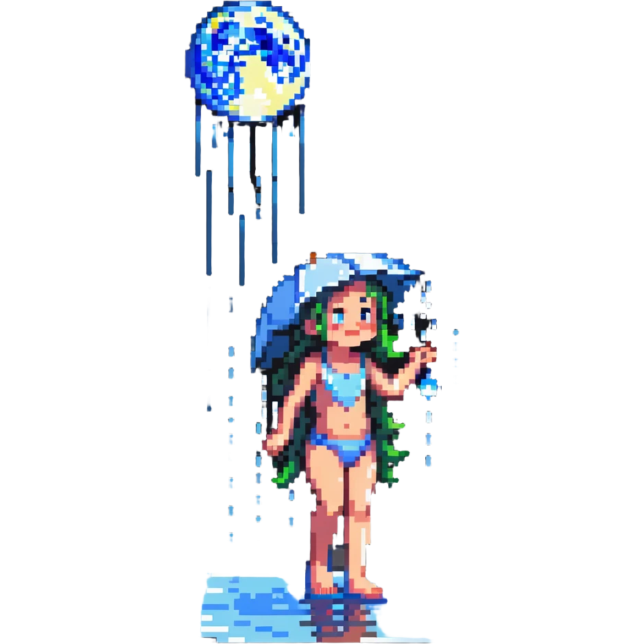 criança sapeca de chinelos a apanhar banhos de lua à chuva, pixel art style emoji