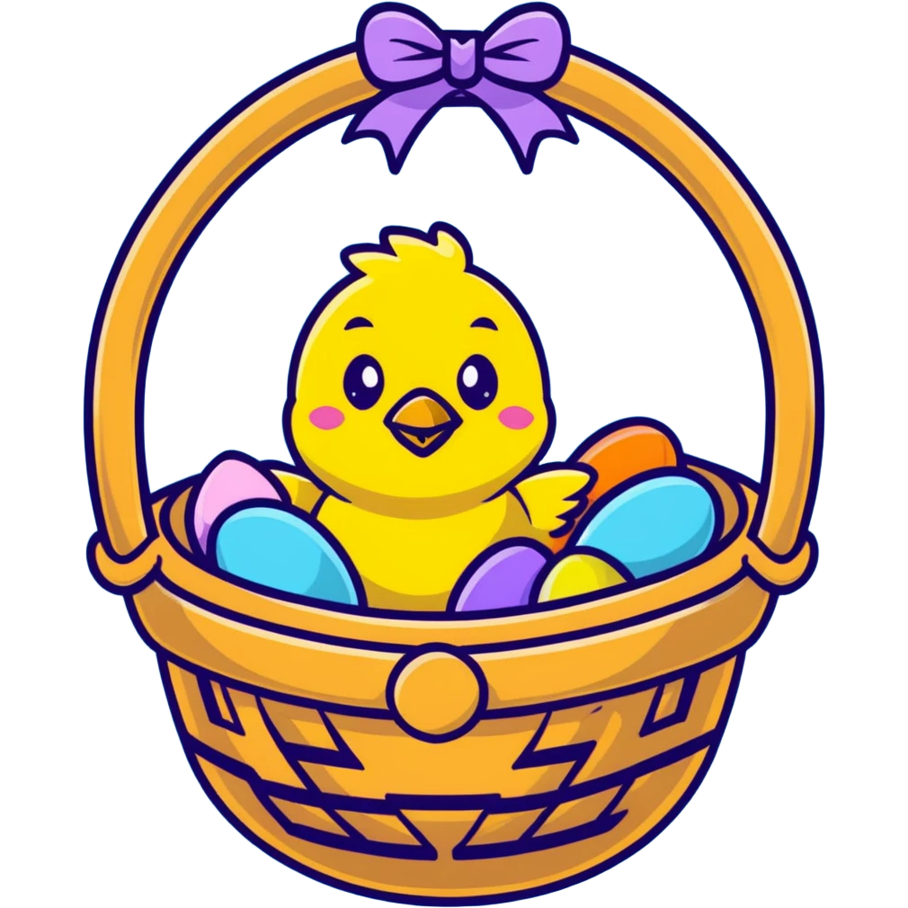 Yellow chick sitting in an Easter basket with colorful eggs emoji