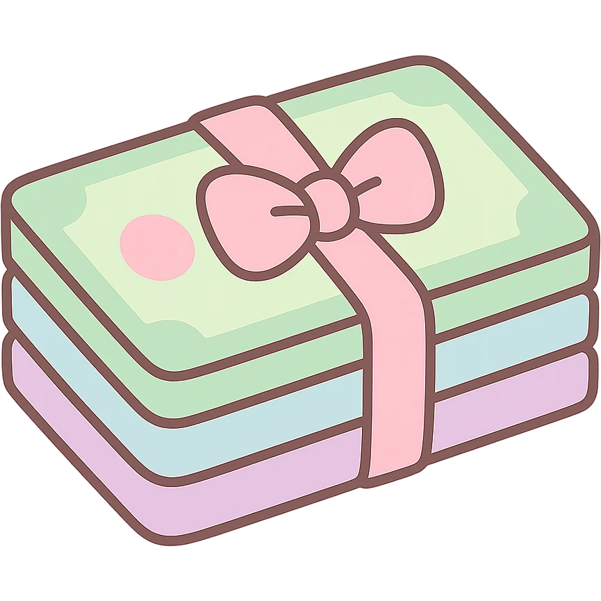 a stack of money in pastel colors, tied with a pastel pink bow, soft and cute emoji