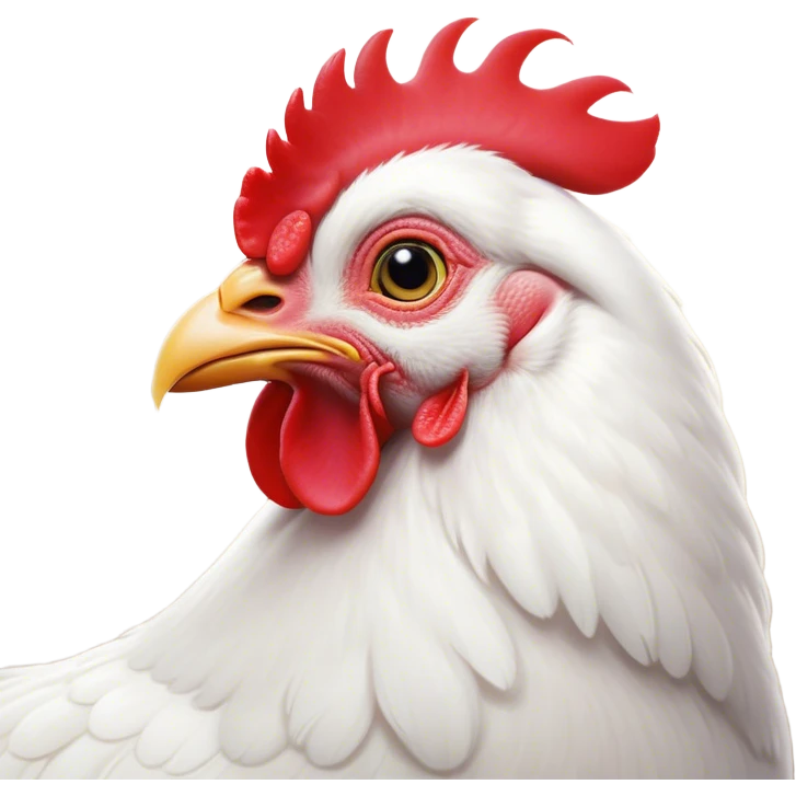 Cinematic Noble White Chicken Portrait Emoji, Poised and regal, with a compact, sturdy build and a pristine, well-groomed pure white plumage, deep-set soulful beady eyes, Simplified yet sharp and sophisticated features, highly detailed, glowing with a soft, dignified glow, high shine, intelligent and alert, stylized with an air of barnyard elegance, focused and attentive, soft glowing outline, capturing the essence of a watchful and confident fowl, so majestic it feels as though it could strut out of the screen with effortless authority! emoji