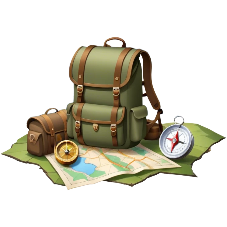 Icon for Expeditions: a compass, a map, and a backpack with trekking gear, placed on a rugged mountain terrain with snow-capped peaks. The icon should evoke the spirit of adventure and discovery in remote, unexplored places. Transparent background. emoji