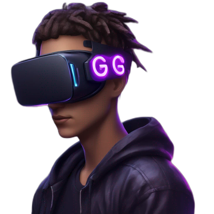Alekséi Vorobiov wearing a black hoodie with "OMG" letters on it and VR headset in a cyberpunk VR environment with violet neon lighting. emoji