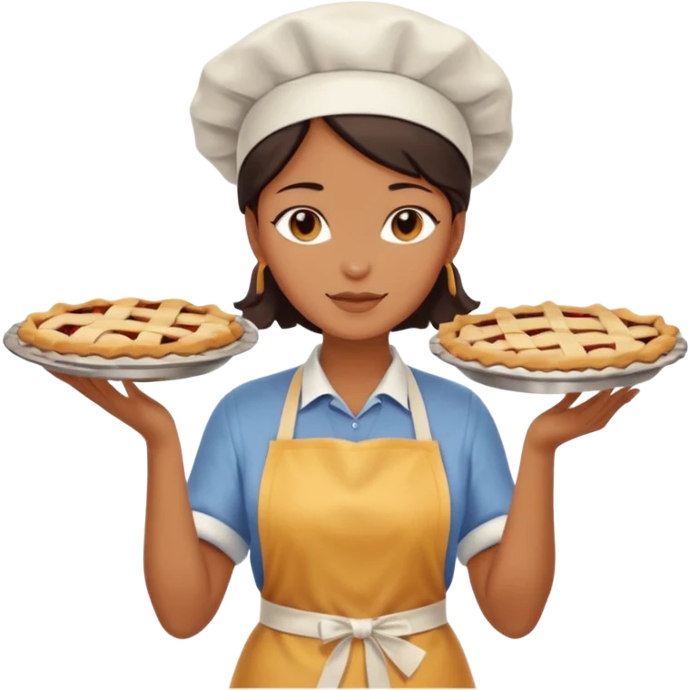 Baking community woman avatar in vibrant style illustration. Pie, cookie, and muffin warm golden tones, simple shapes, flat design, high contrast. emoji
