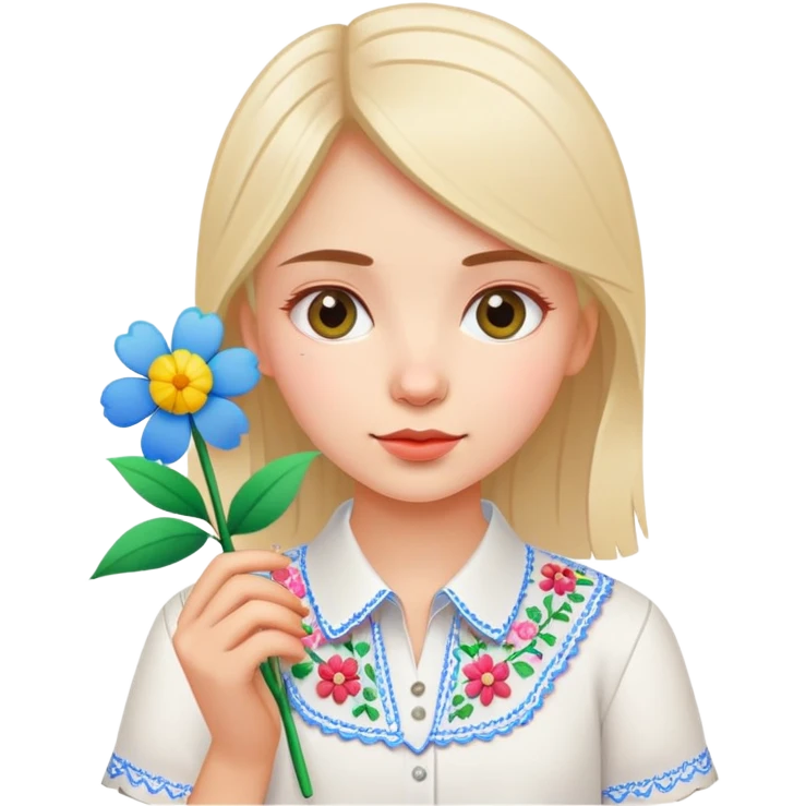 Ukrainian young girl in white embroidered shirt holding colored paper and a flower emoji