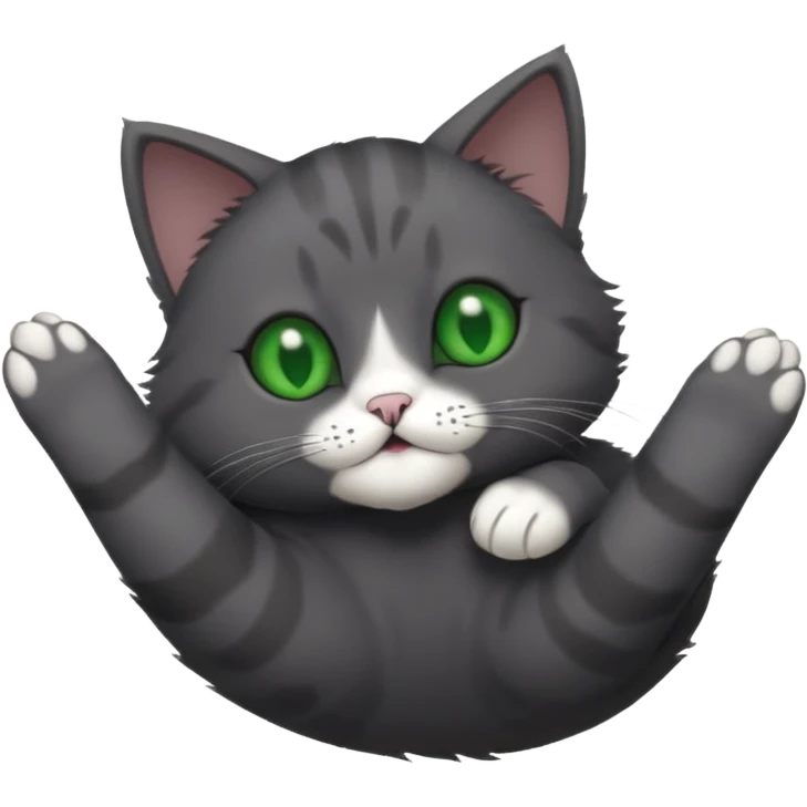 solid dark grey cat with green eyes, completely solid grey face, white toes/paws playing rolling upside down emoji