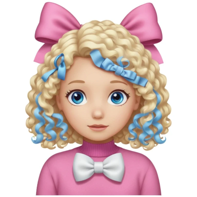 girl with blonde curly hair and blue eyes wearing a pink sweater and white hair bow emoji
