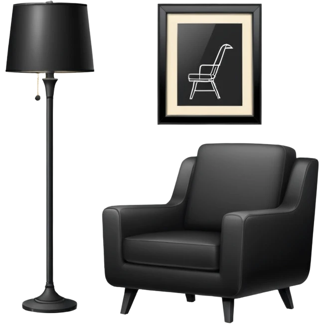Minimalistic flat vector icon, iOS style, thin black contour on white background. Floor lamp, armchair, and framed picture on wall. Clean, no text, no shadows emoji