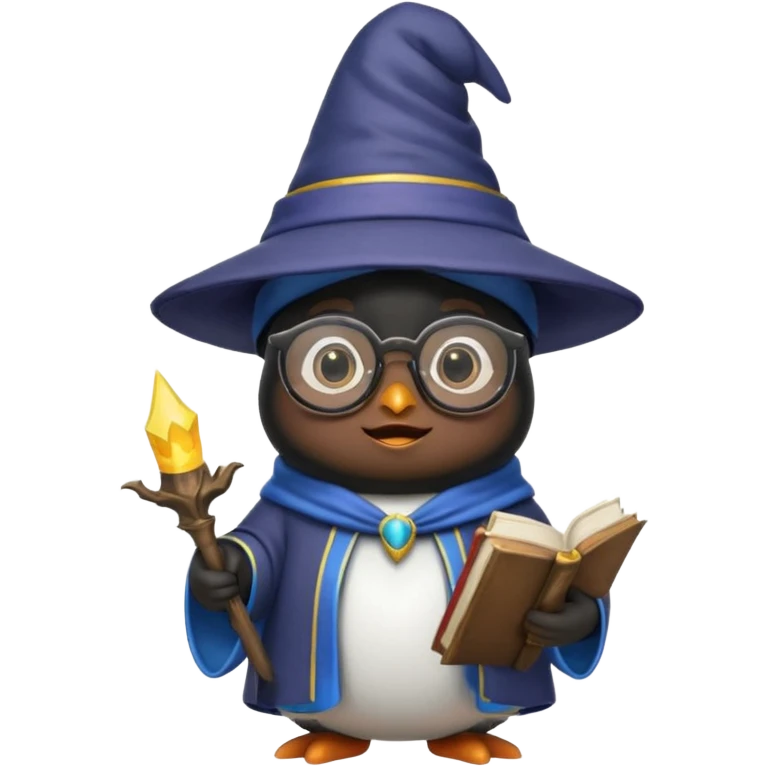 cute penguin wizard holding an open spellbook, wearing glasses and a wizard hat, emoji style emoji