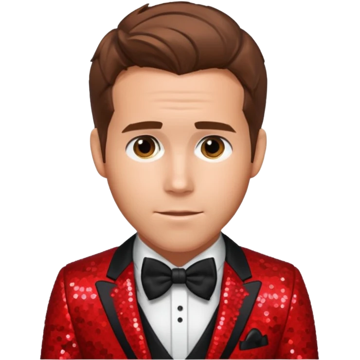 Ryan Reynolds with brown hair, red sequin suit with bow tie emoji