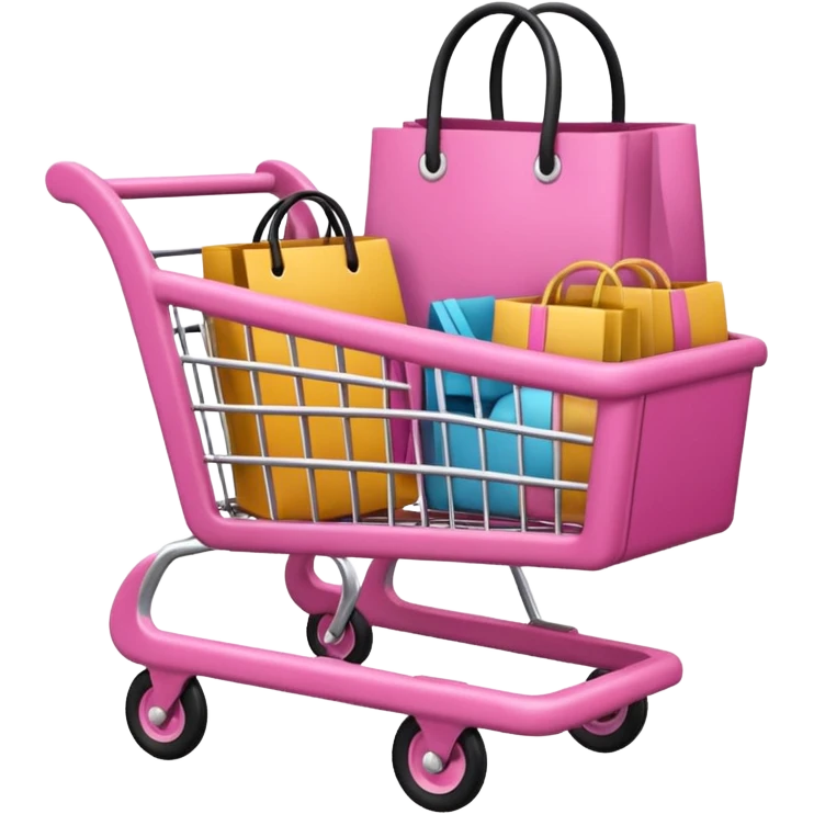 Carrinho na cor rosa cheio de compras femininas, com diversas maquiagens, roupas  emoji