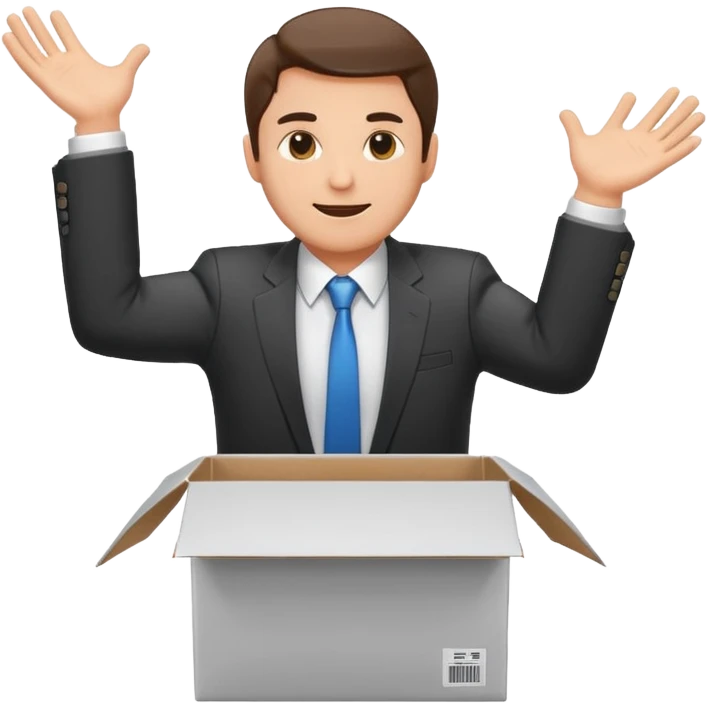Sticker of a man in a business suit, front view, arms extended forward as if ready to hold a box, friendly expression, clean cartoon style, bold outlines, minimal background, emoji sticker style emoji
