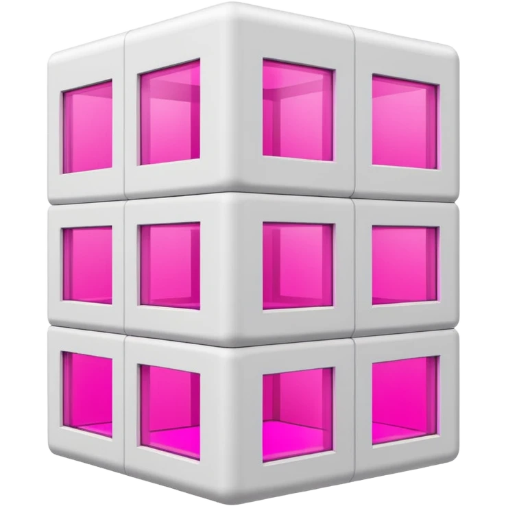 Сделай русскую панельку белого цвета. Она должна быть в виде куба, а также с окнами 3 на 3 на каждом фасаде. Некоторые окна неоново-розовые. Сверху окна нет emoji