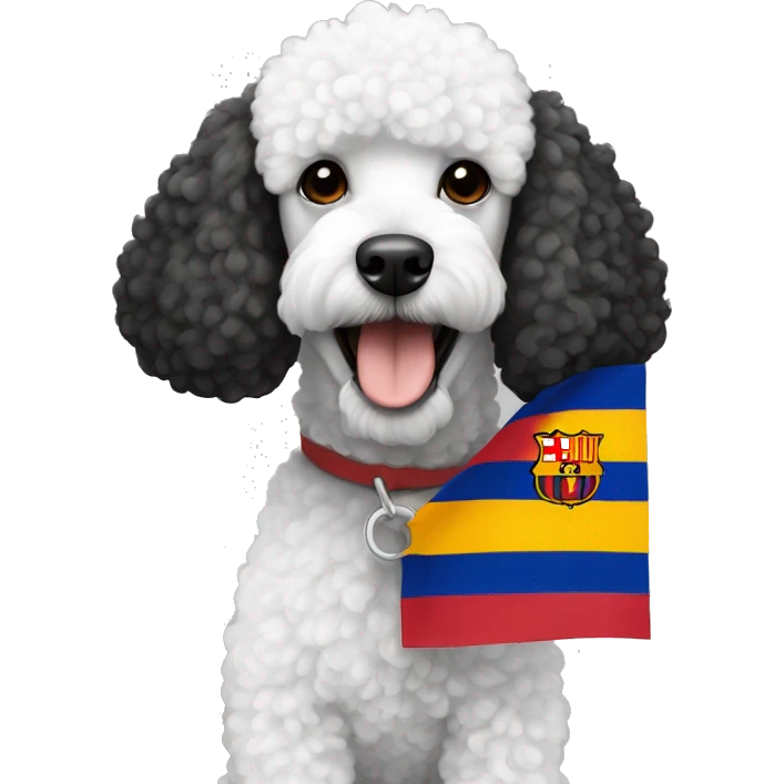 black and white poodle with a Barcelona flag emoji