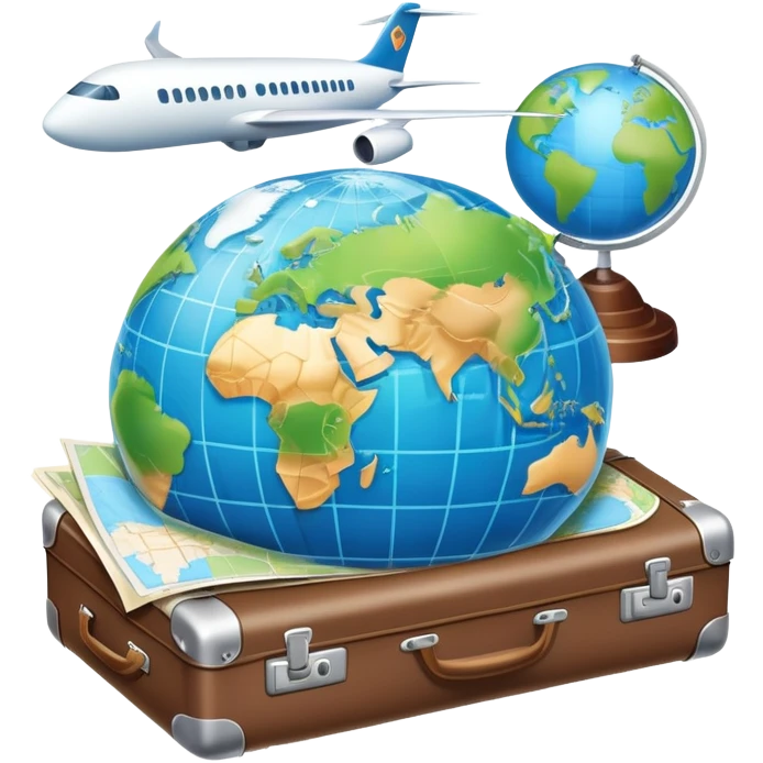 An icon featuring a suitcase, a hotel building, and one globe, symbolizing tourism and hospitality. The design includes a plane and a map, representing travel and accommodation services. Transparent background highlights the global nature of tourism and the hospitality industry. emoji