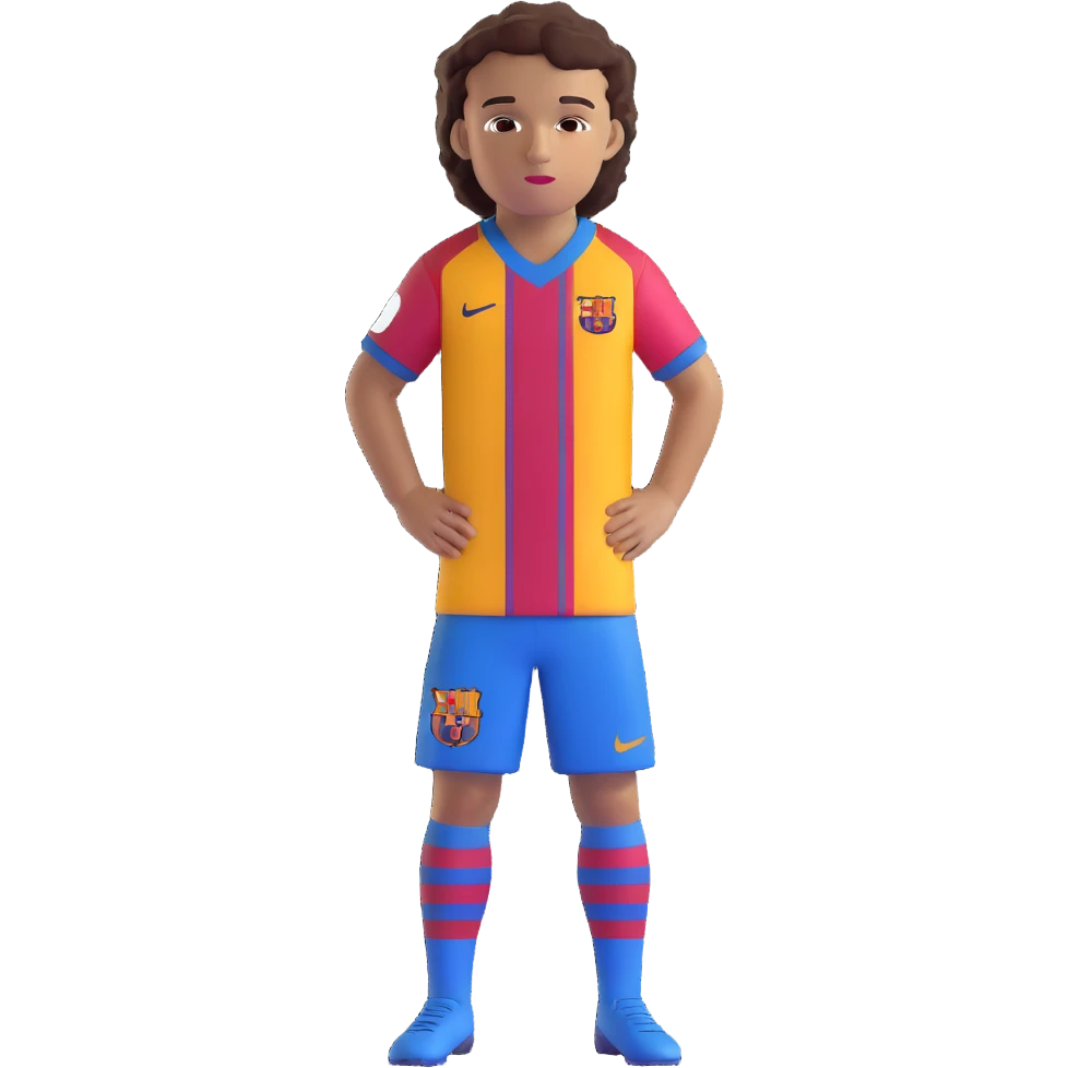 avatar of a young footballer inspired by Lamine Yamal, blue and red striped Barcelona kit, youthful features, short curly hair, brown eyes, confident expression emoji