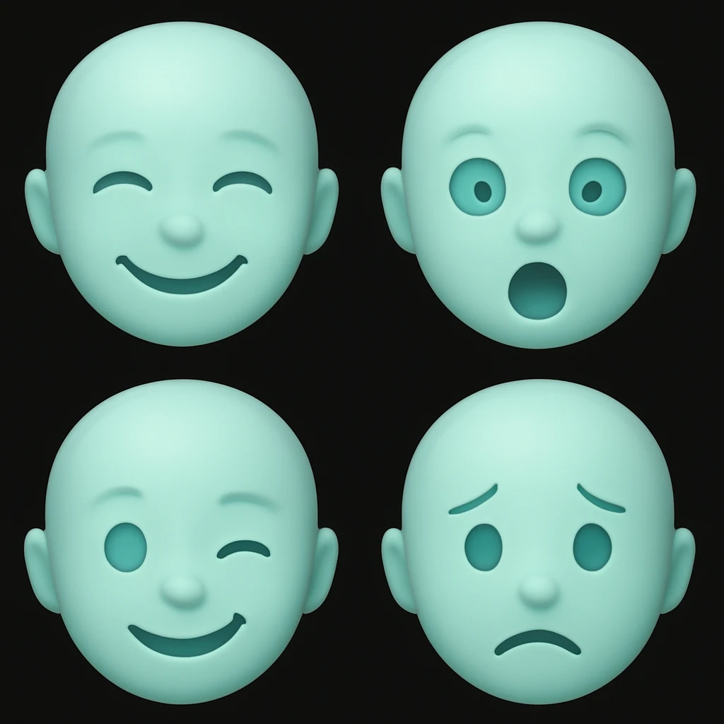 Create four new light blue emoji variants maintaining the emoji style and light blue color, but with different facial expressions. The style should resemble the original emoji style shown in the reference images. emoji
