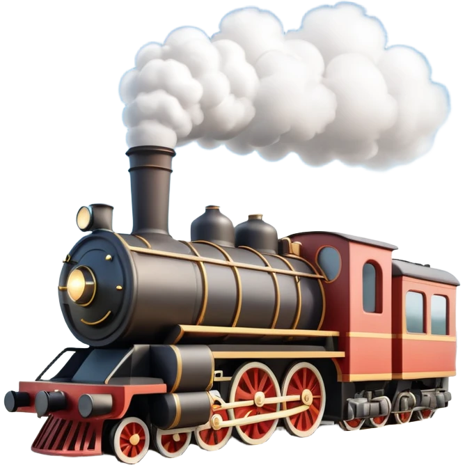 A 3D cartoon steam train puffing clouds of white smoke from its chimney, outdoor scene, warm sunlight, realistic Memoji-style. emoji