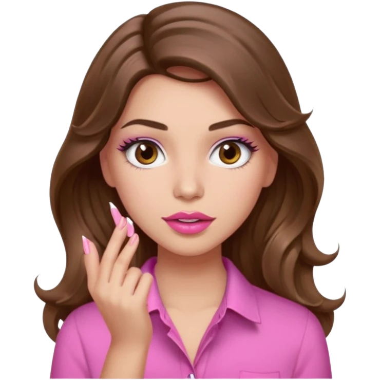 girl with long wavy brown hair, brown eyes, light to medium complexion, in a pink shirt, pink lips, long lashes, puckered lips, showing off a pink manicure emoji