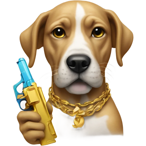 Dog holding gold water gun with tattoos  emoji