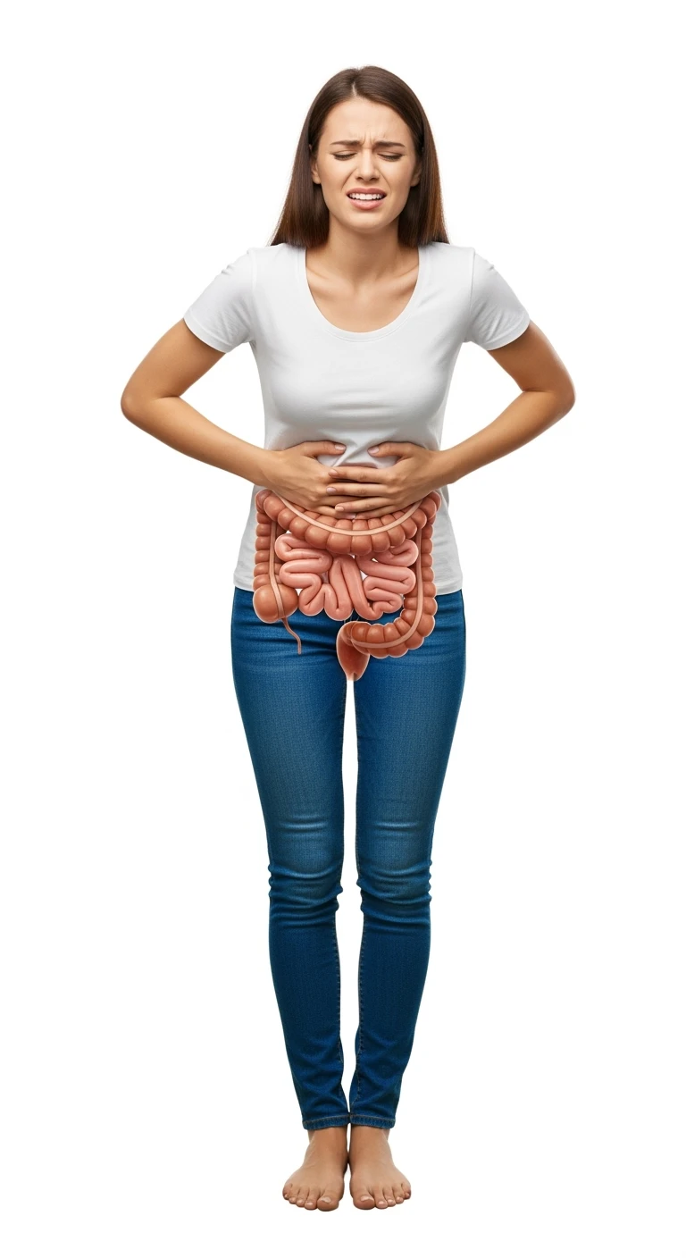 DONNA A FIGURA INTERA CON intestino ANATOMICO REALISTICO IN EVIDENZA, CON ESPRESSIONE DI DOLORE IN VOLTO PERCHé SOFFRE DI mal di pancia, SFONDO BIANCO emoji