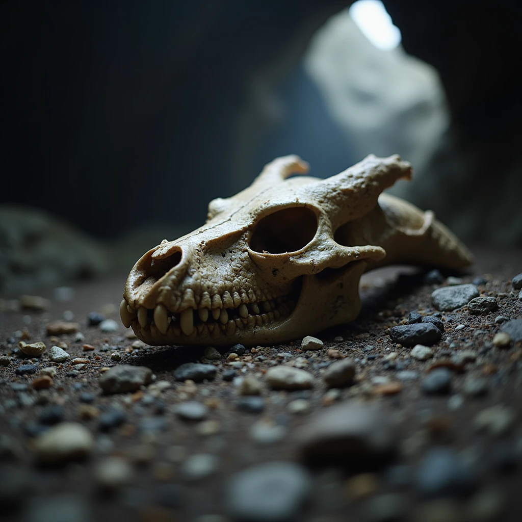 a dragon skull in a cave, moody lighting, realistic style emoji
