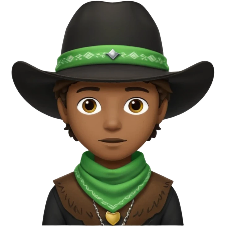 Black boy in black top wearing a black cowboy hat with green bandana around his neck emoji