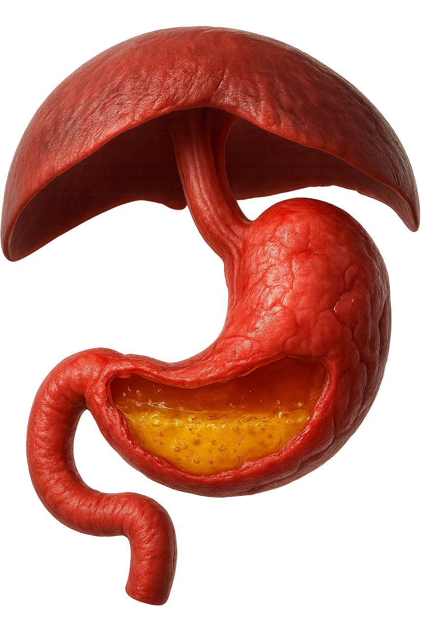 stomaco umano anatomico infiammato con acido giallo all'interno fluttua in aria insieme ad un diaframma umano, iperrealistico 4k, isolato su sfondo bianco emoji