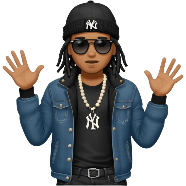 African American man with shoulder length black dreadlocks with black bead wearing black sunglasses with wearing denim skinny jeans wearing black bubble winter coat wearing black New York Yankees baseball hat and  timberland boots with hands out and concerned facial expression emoji