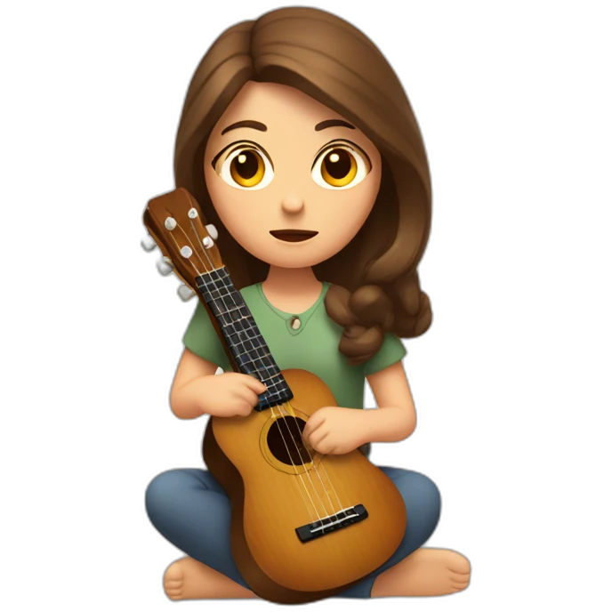 woman with brown hair with ukelele in hand sitting, with a sad look on her face emoji