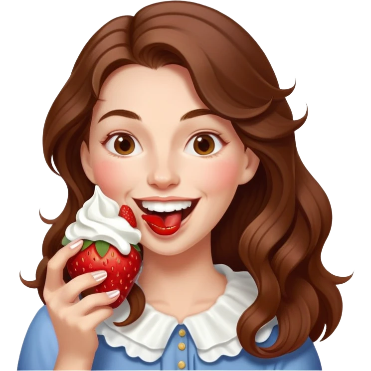 woman with long brown hair eating strawberries whipped cream, laughing elegant cute emoji