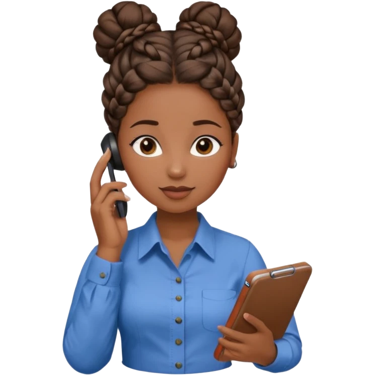 black girl on the phone with a notepad in colored formal shirt and braided bun emoji