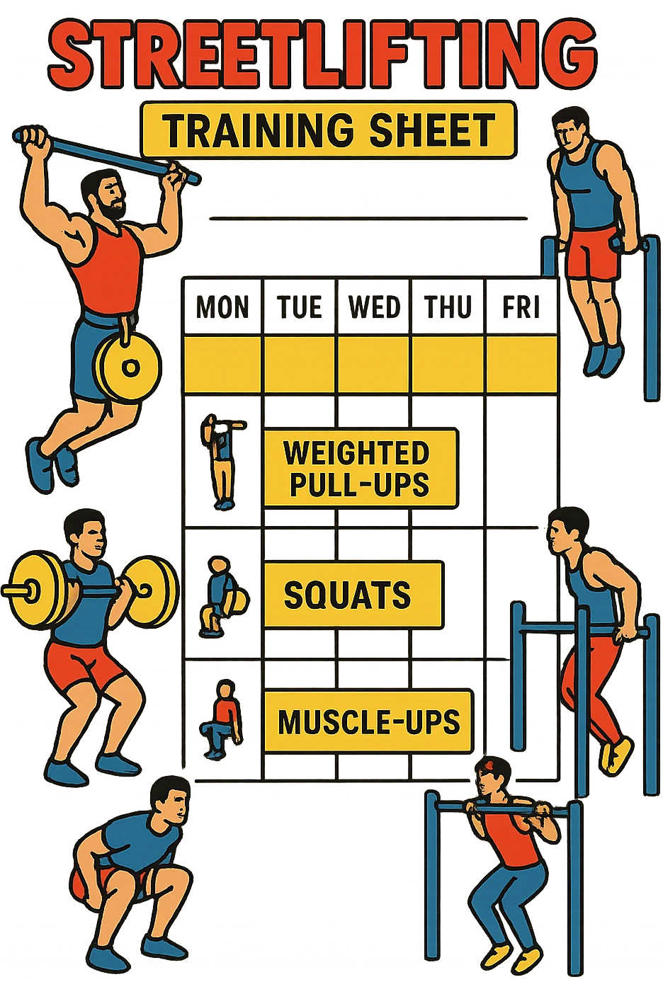 a streetlifting training sheet with icons for each exercise—weighted pull-ups, weighted dips, squats, muscle-ups—organized in a weekly schedule. Around the sheet, small illustrations show athletes performing each movement with proper form. The color palette is bold and energetic, and the background is clean and minimal. emoji