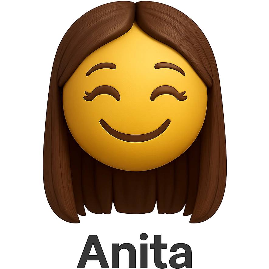 3D smiley emoji, girl style, long hair, smiling face, with the name 'Anita' below in printed letters emoji