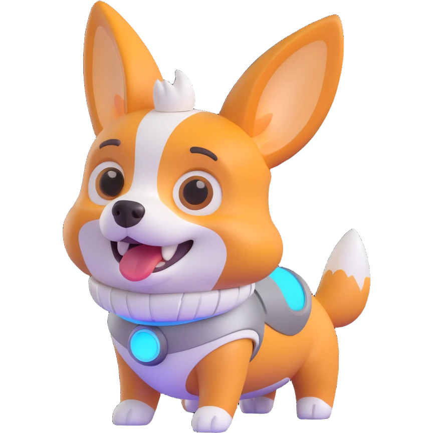 cute dog robot with pointy corgi-like ears, soft rounded body, glowy eyes and joints, friendly futuristic vibe, playful, slightly cartoonish, colorful with glowy accents, highly expressive face and posture, reaction happy emoji