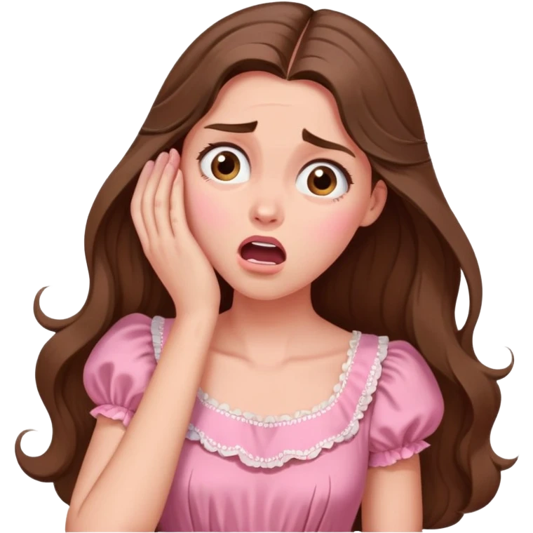 girl with long brown hair dramatically gasping, hand to forehead, vintage pink dress emoji
