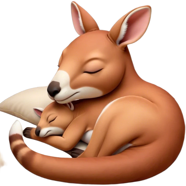 Meme-Worthy Cute Sleeping Adult Red Kangaroo Portrait Emoji, Head resting peacefully with a contented smile, showcasing a solid, reddish form with a characteristic red kangaroo-shaped head featuring a soft, elongated snout and small, relaxed ears, eyes shut in a serene, restful nap, Simplified yet adorably endearing features, highly detailed, glowing with a soft, drowsy outback light, high shine, relaxed and utterly lovable, stylized with an air of playful laziness, soft glowing outline, capturing the essence of a sleeping kangaroo that feels destined to become the next viral icon of adorable rest! emoji