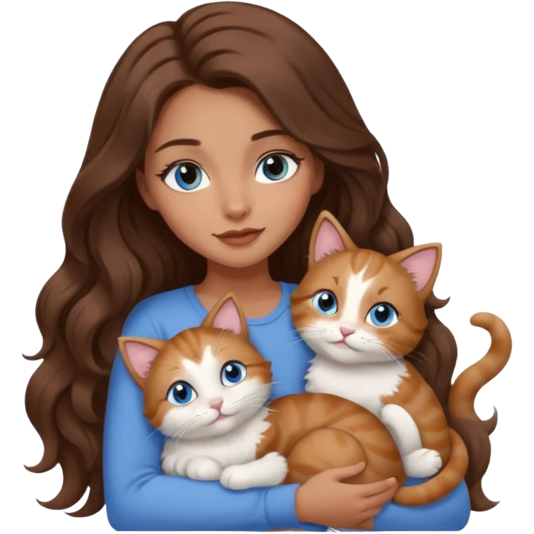 girl with long wavy brown hair, blue eyes, long lashes makeup, cuddling with 6 cute cats emoji
