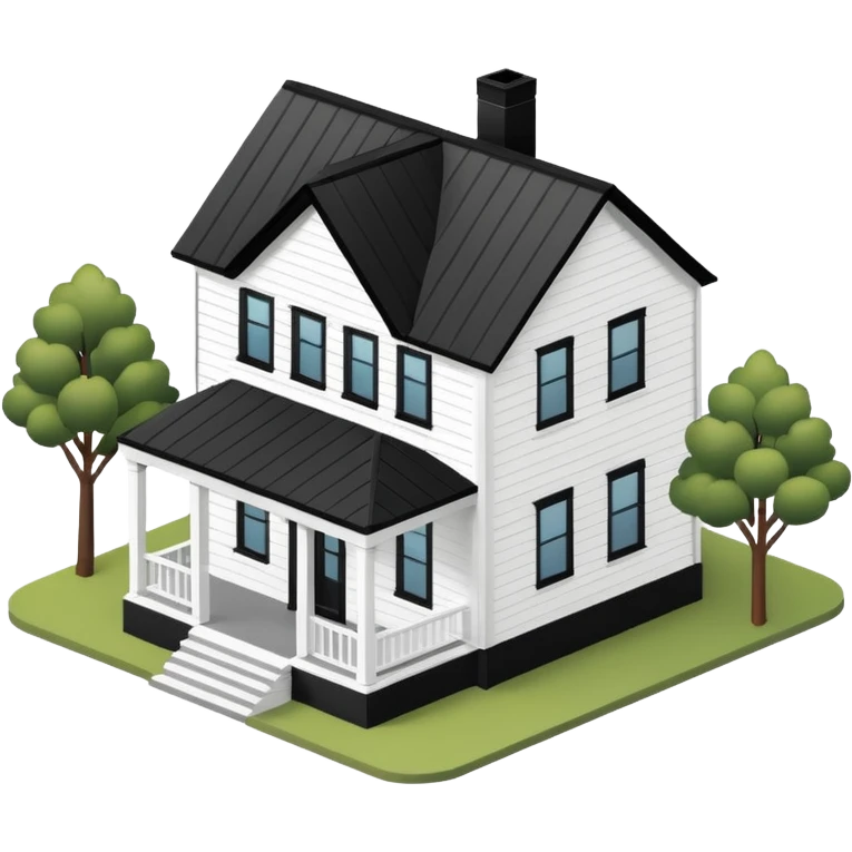 modern farmhouse with white siding and black trim, 3d isometric emoji
