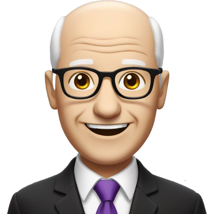white, bald old man wearing a black suit with a purple tie and glasses, with no mustache, smiling with teeth emoji