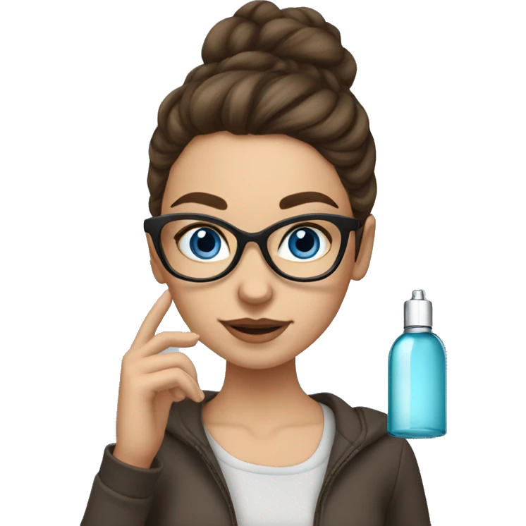 Medium length brown haired girl with blue eyes wearing glasses. Girl is spraying perfume emoji