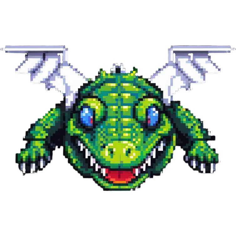cartoon crocodile head with airplane wings, pixel art style emoji