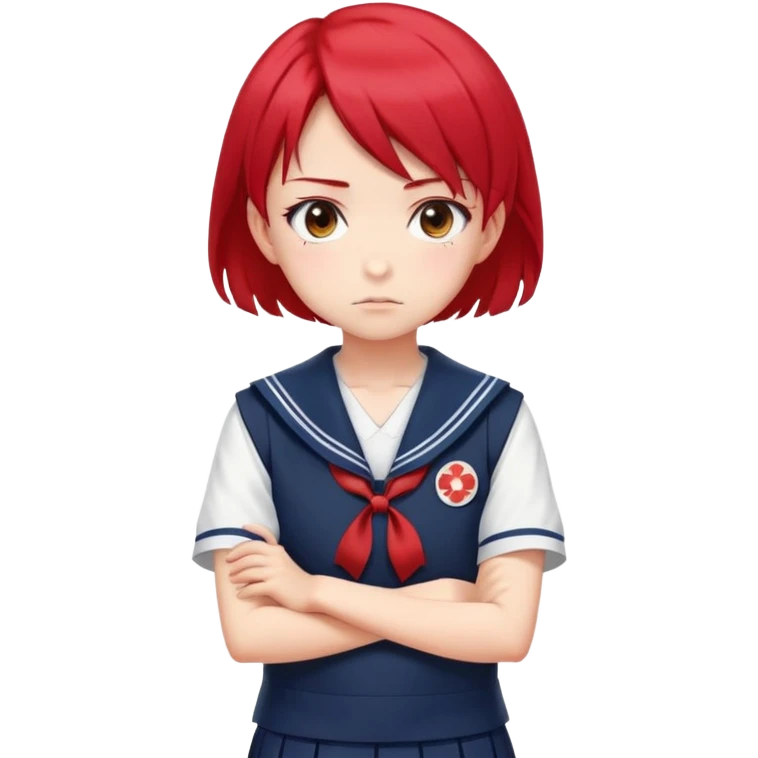 Serious anime girl with short bright red hair wearing Japanese sailor style school uniform, stern expression with arms crossed, focused and determined look emoji