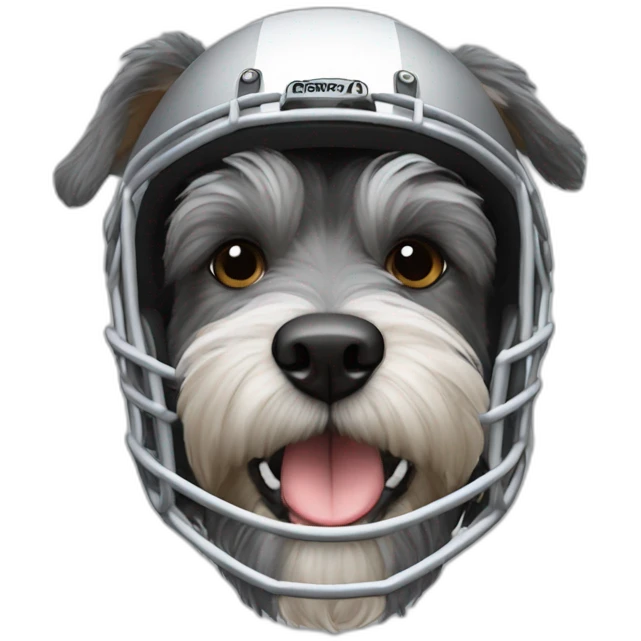 A dog schnauzer wearing football pads and helmet of the Bears emoji