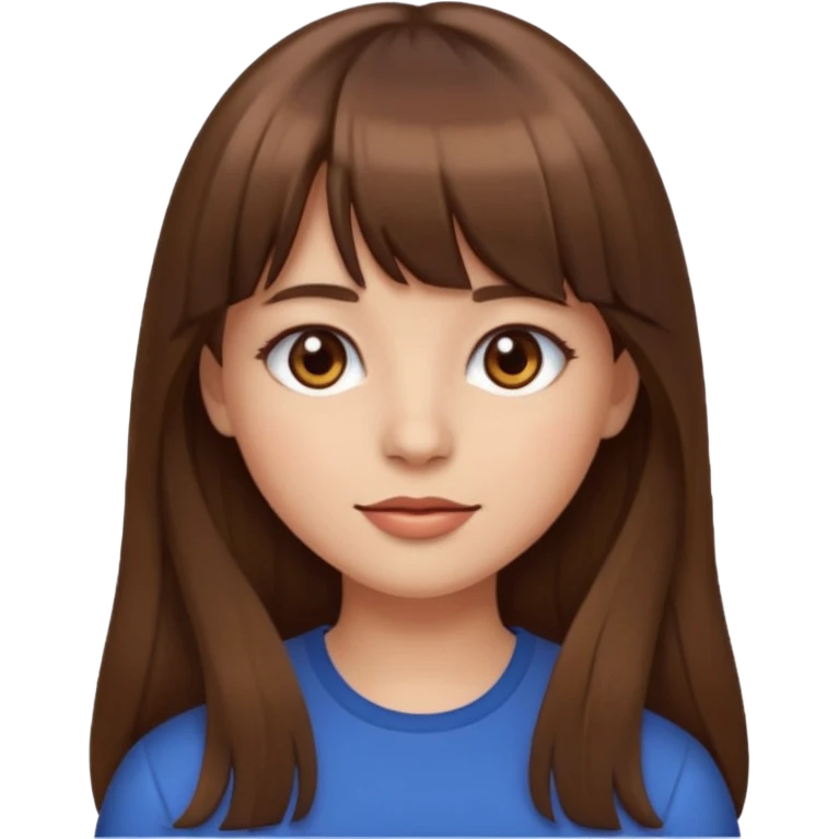 girl emoji style, long brown hair with bangs, brown eyes, subtle makeup emoji