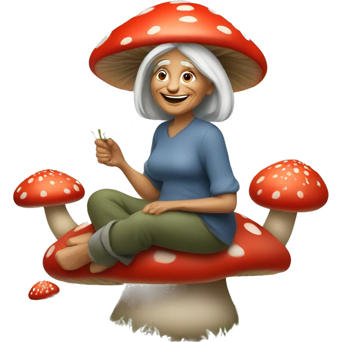 60 year old woman sitting on red mushroom holding daisies emoji