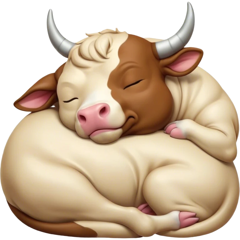Meme-Worthy Cute Sleeping Domestic Bull Portrait Emoji, Head resting peacefully with a contented smile, showcasing a robust, muscular build and a luxuriously soft coat, eyes gently closed in serene, restful slumber, Simplified yet hilariously adorable features, highly detailed, glowing with a soft, drowsy natural light, high shine, relaxed and utterly lovable, stylized with an air of playful laziness, soft glowing outline, capturing the essence of a sleeping domestic bull that feels destined to become the next viral sensation of adorable rest! emoji