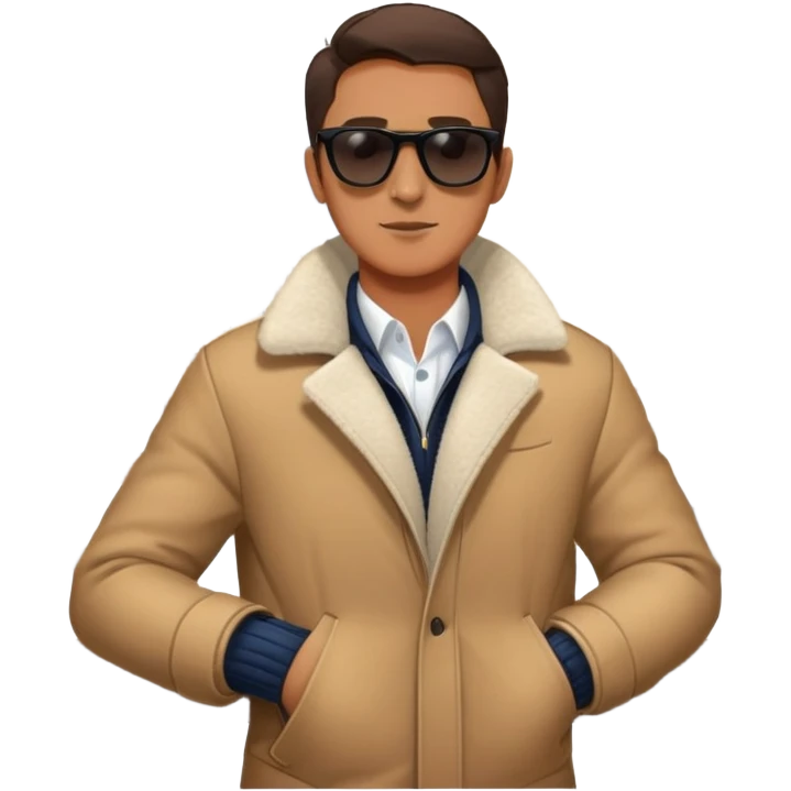 guy on balcony in winter with open jacket and sunglasses emoji